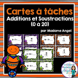 Cartes à tâches:  Additions et soustractions 1 à 20