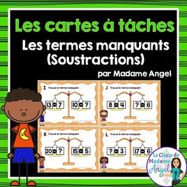 Cartes à tâches: Les termes manquants (soustractions à 20)